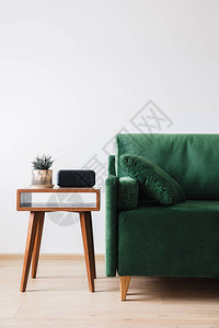 绿色沙发枕头和毯子在木咖啡桌旁配有背景图片