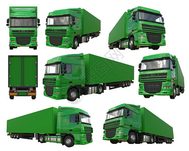 设置配有半拖车的大型绿色卡车图片