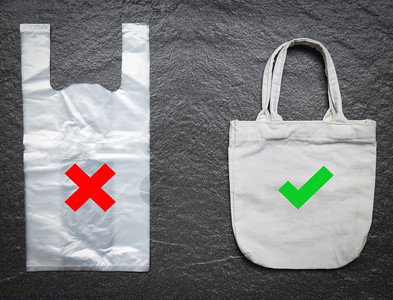 没有塑料袋使用手提袋帆布购物替代在石头深色背景上对塑料袋说不图片