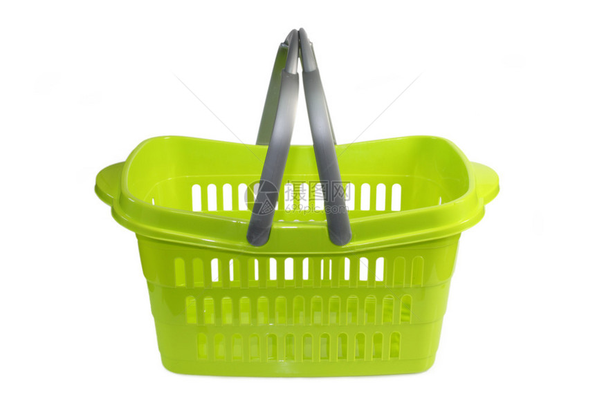绿塑料购物篮孤立于w图片