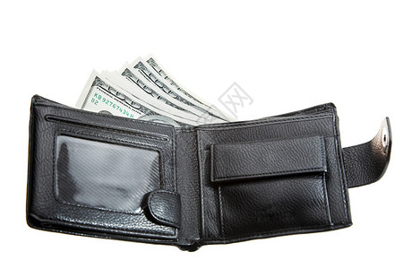 黑色皮革钱包与美元白色隔离图片