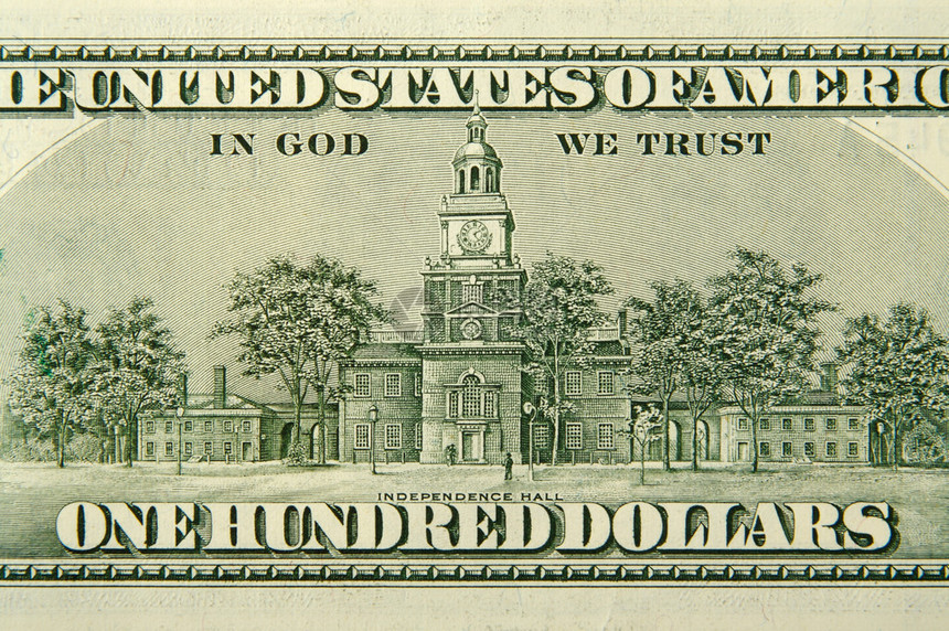 一百美元钞票的背面特写图片