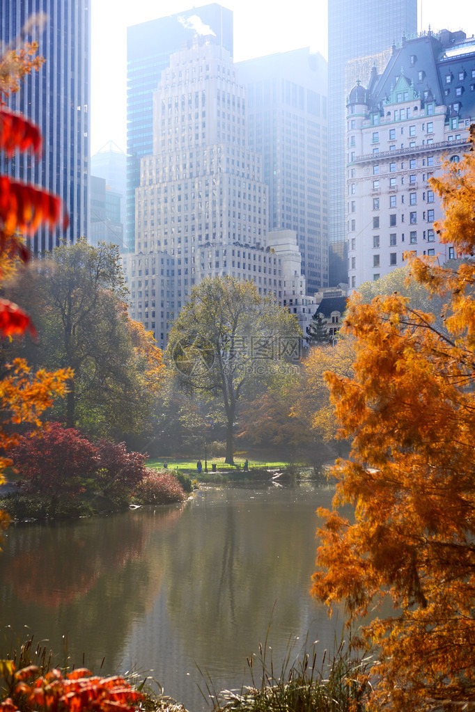 秋天中央公园和纽约市曼图片