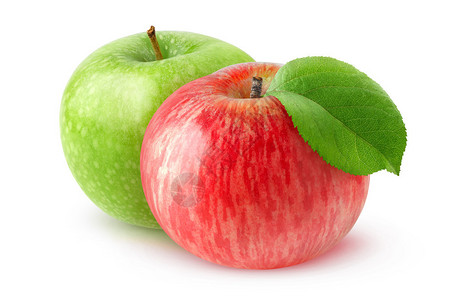 两个孤立的苹果水红苹果和绿苹果在白色背景上与背景图片