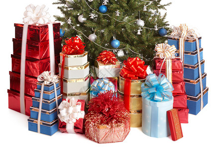 集体礼物盒圣诞树和银蓝图片
