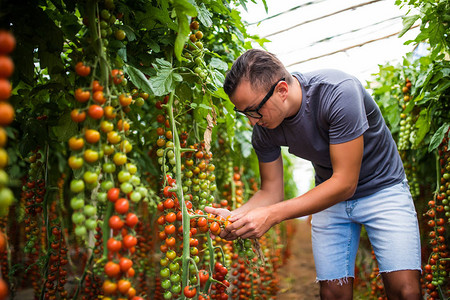 农民检查红樱桃番茄收成以在图片
