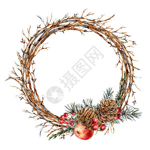 冷杉树枝红苹果浆果松果老式植物圆形框架的水彩圣诞天然花环图片