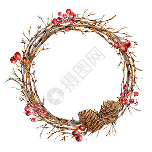 水彩圣诞自然花环的树枝红色浆果松果老式植物圆形框架图片