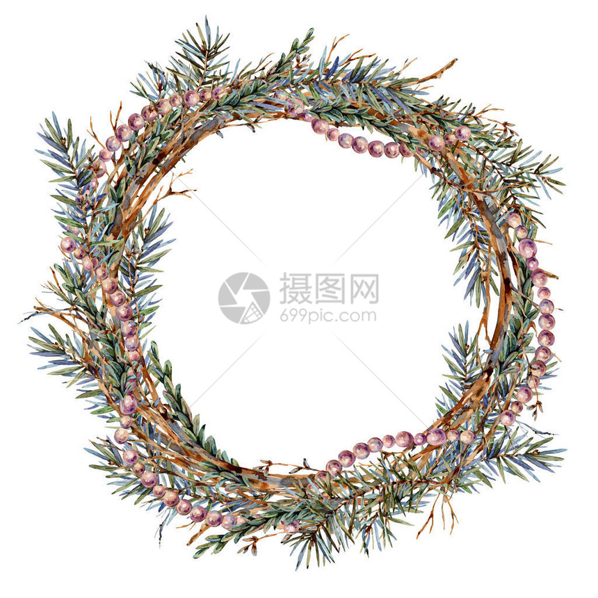 冷杉树枝的水彩圣诞天然花环圣诞装饰星珍珠老式植物圆形框架图片