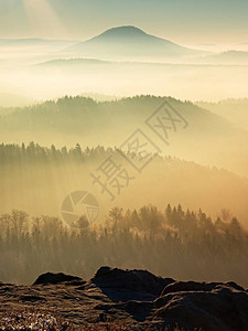 在美丽的山丘中起雾山峰露出浓雾的地貌图片