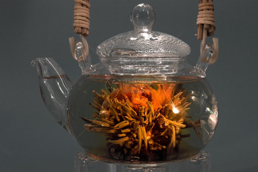 玻璃茶壶中的国绿茶图片