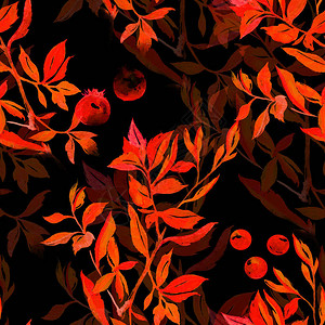 水彩树枝树叶和浆果无缝图案图片