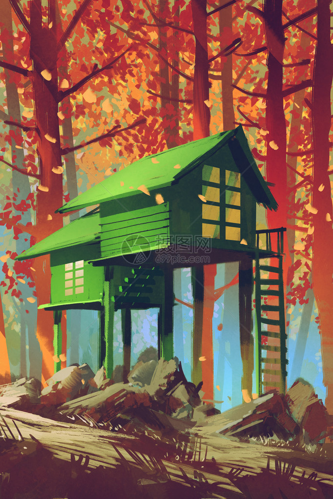 秋季森林中的绿色房屋图片