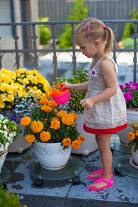 蹒跚学步的小女孩用喷壶浇花图片
