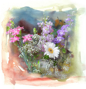 抽象水彩背景上的紫色花朵和雏菊艺术插图图片