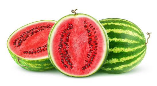 孤立的西瓜一个完整的西瓜果实和一个切成两半的白色背景图片