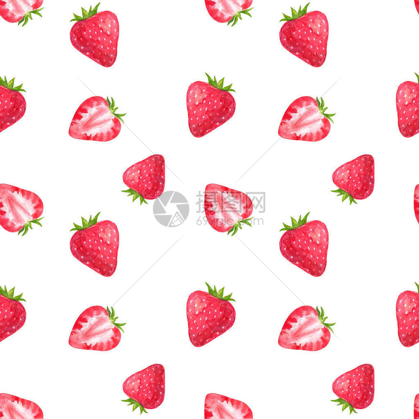 草莓的无缝模式手绘水彩插图图片