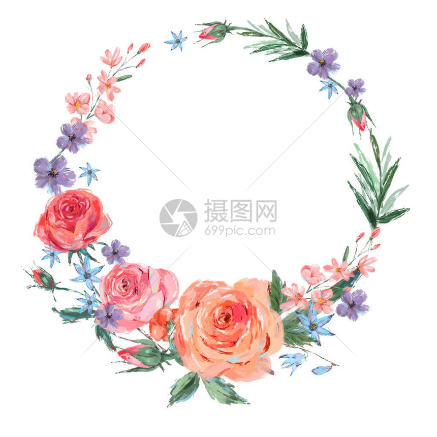 粉红玫瑰叶盛开的枝条花朵和野花的复古花环图片