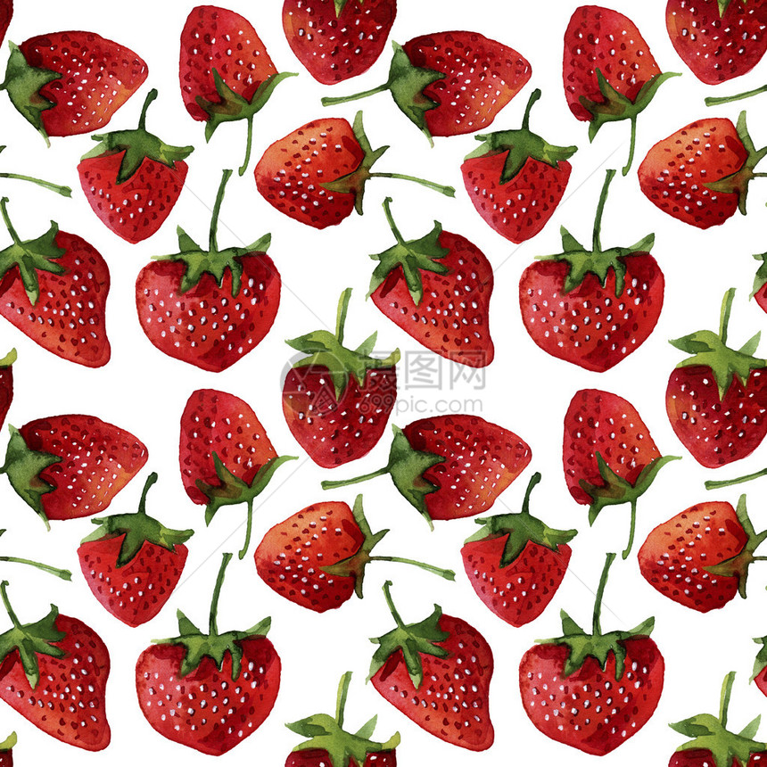 无缝模式白色背景上的水彩草莓图片