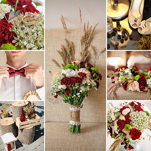 红色拼贴美丽的婚礼野花束图片