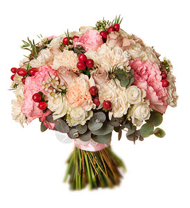 带玫瑰超生和康乃馨的婚纱花束白本背景图片
