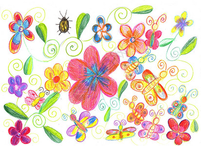 儿童画蝴蝶瓢虫和花朵自然图片
