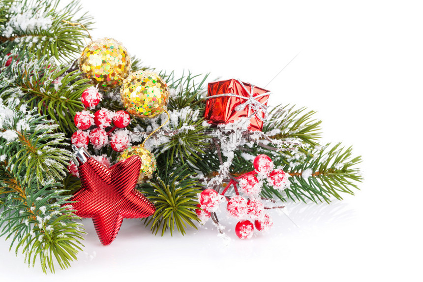 圣诞fir树枝和装饰品并配有霍利图片