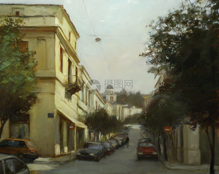 雅典街头希腊帆布上的手工油画图片
