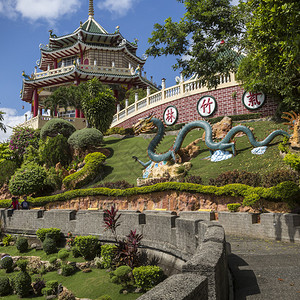 菲律宾宿务道观的宝塔和龙雕背景图片