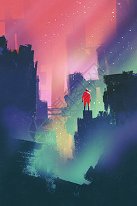 与红色男子一起的夜间风景站在废弃的城市上背景图片
