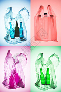 用瓶子对各种多彩塑料袋进图片