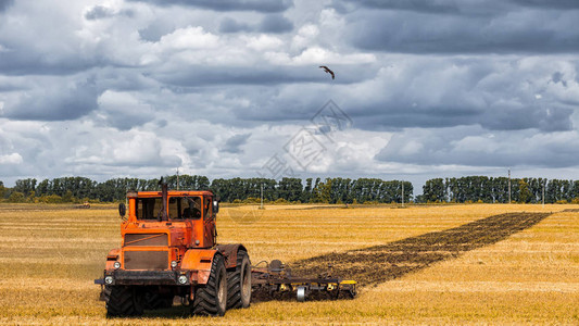 一辆橙色的现代拖拉机耕地我图片