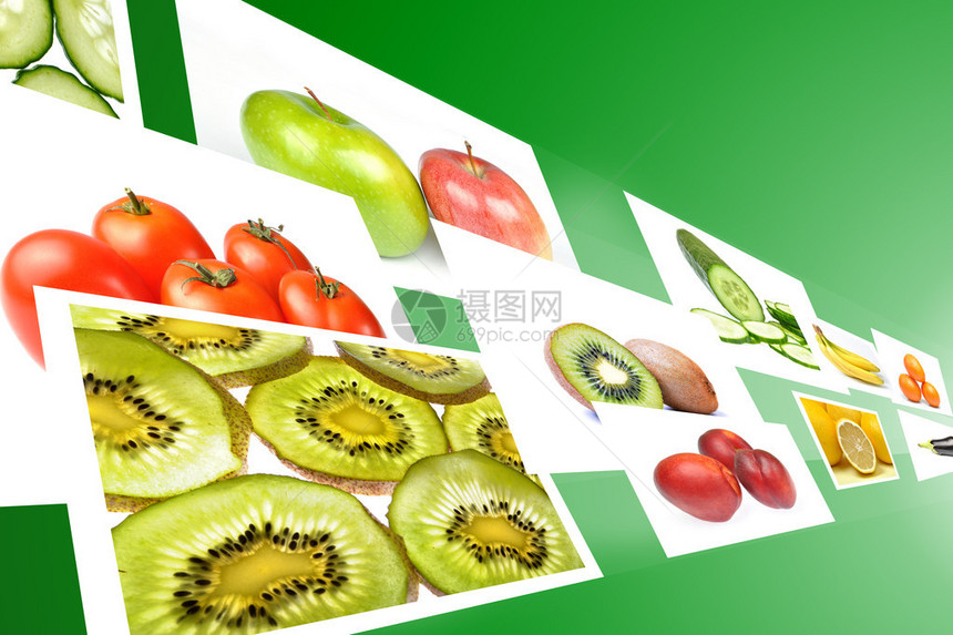 在绿色背景上播放水果和蔬菜图像图片