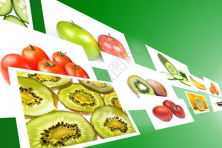 在绿色背景上播放水果和蔬菜图像背景图片