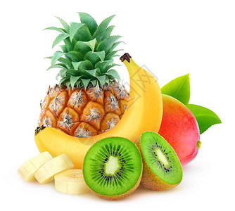 孤立的热带水果菠萝香蕉kiwi和芒果以白色背景与图片