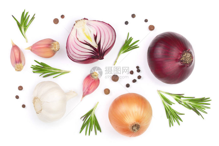红洋葱大蒜加迷迭香和胡萝卜在白色背景上被隔离图片