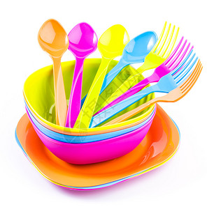 彩色塑料餐具盘勺叉高清图片