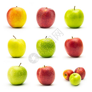一组在白色背景上分离露水的苹果品种以5D标记II背景图片