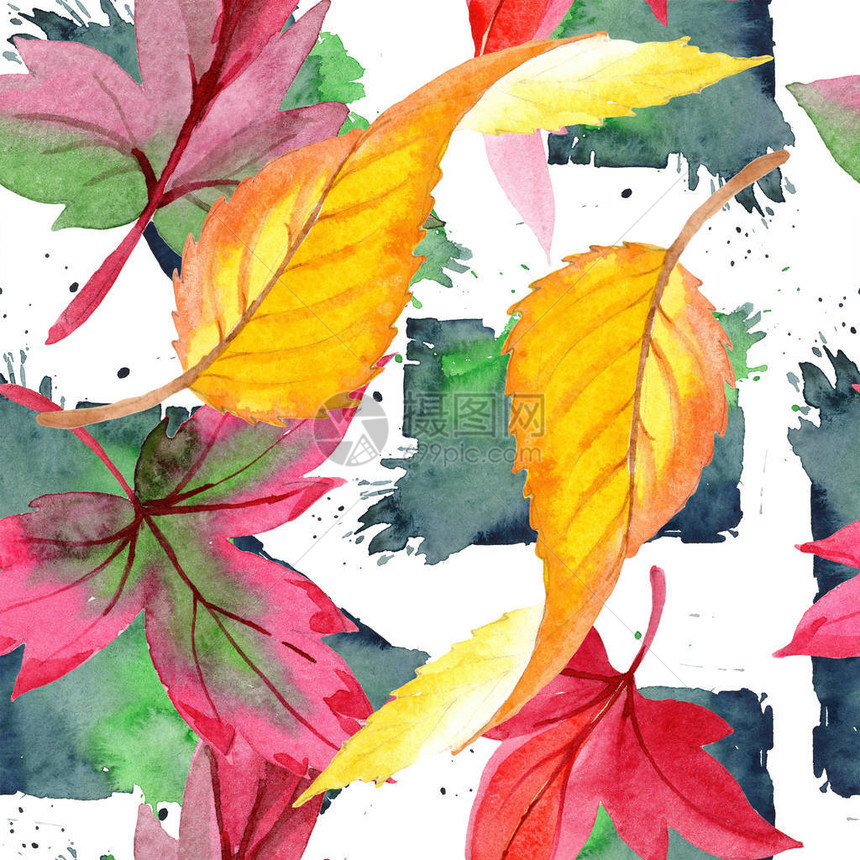 水彩风格的多彩秋叶无缝背景图案织物壁纸打印纹理背景纹理包装图案框架或边图片