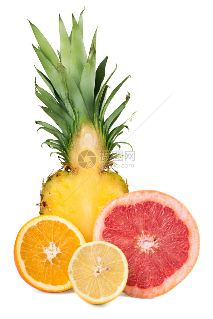 葡萄柚菠萝橙子和柠檬孤立在白色图片