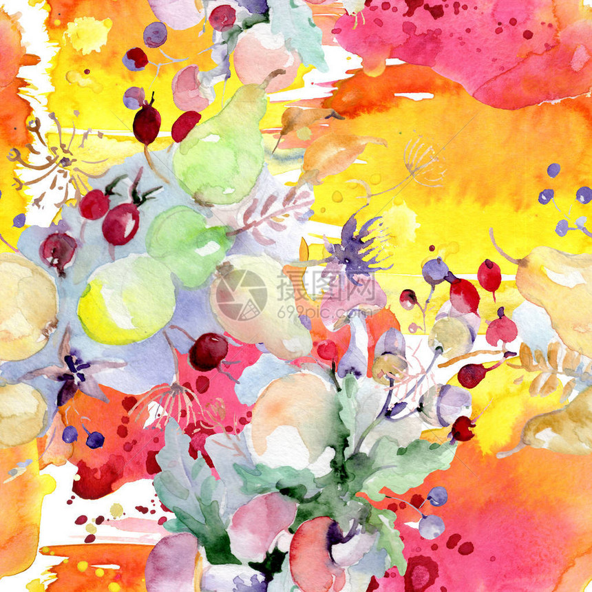 鲜花和水果的花束孤立的野生春叶野花水彩插图集水彩画时尚水彩画无缝背景图案织物图片