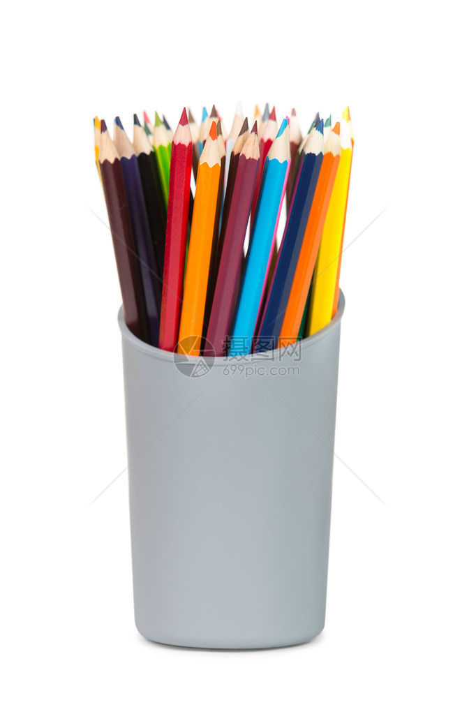 蓝容器中的铅彩色和克雷翁尖锐粉笔团群图片