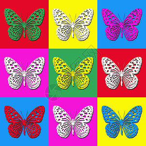 波普艺术插图与五颜六色的蝴蝶图片