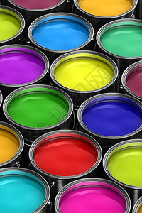 有各种彩色油漆的油漆桶图片