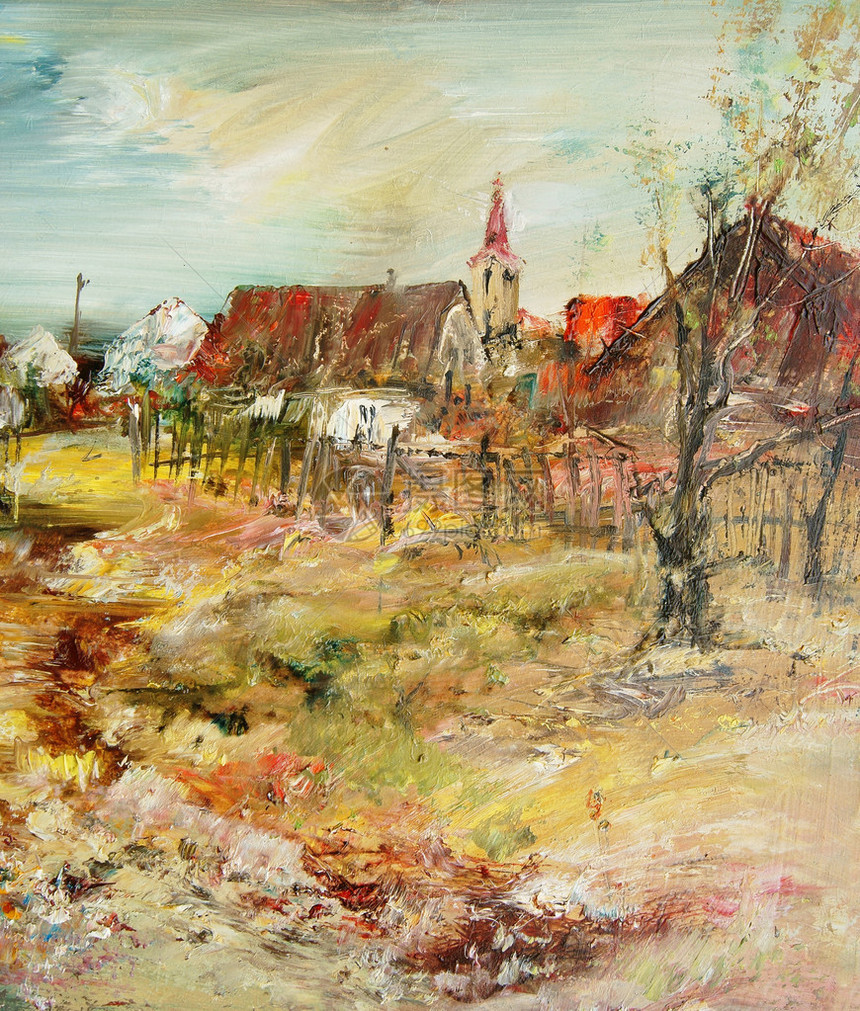 有教堂的村庄油画图片