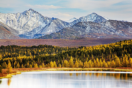 与湖和雪山的秋天风景图片