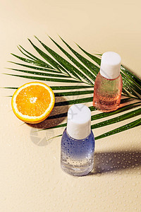 近距离观察瓶中小鼠水绿棕榈叶和橙色一半图片