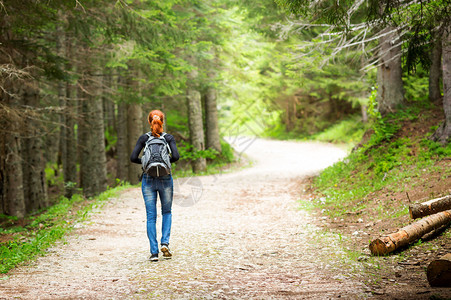 女旅行者在森林里散步图片