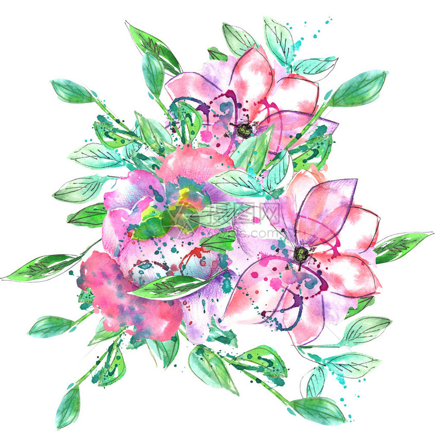 白色背景上用水彩画的粉色和紫色花朵和绿色和蓝色枝叶的花束图片