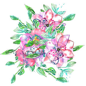 白色背景上用水彩画的粉色和紫色花朵和绿色和蓝色枝叶的花束图片